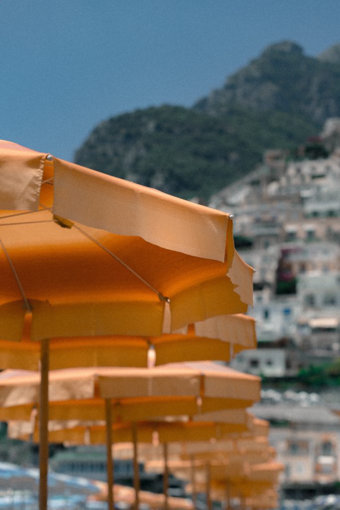 Orange umbrellas lined up