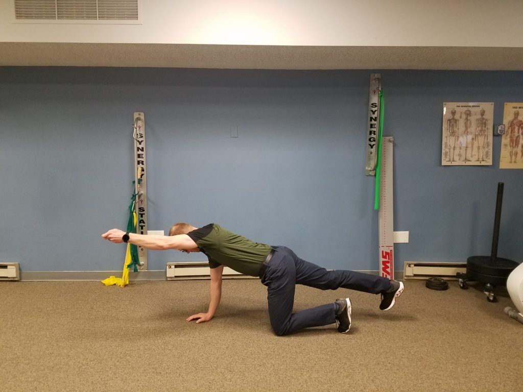 Bird-dog pose: Starting on all fours, elevate the opposite arm and leg. Be sure to keep your abs engaged and your hip parallel to the floor. Perform 2 sets, 10 reps each side.