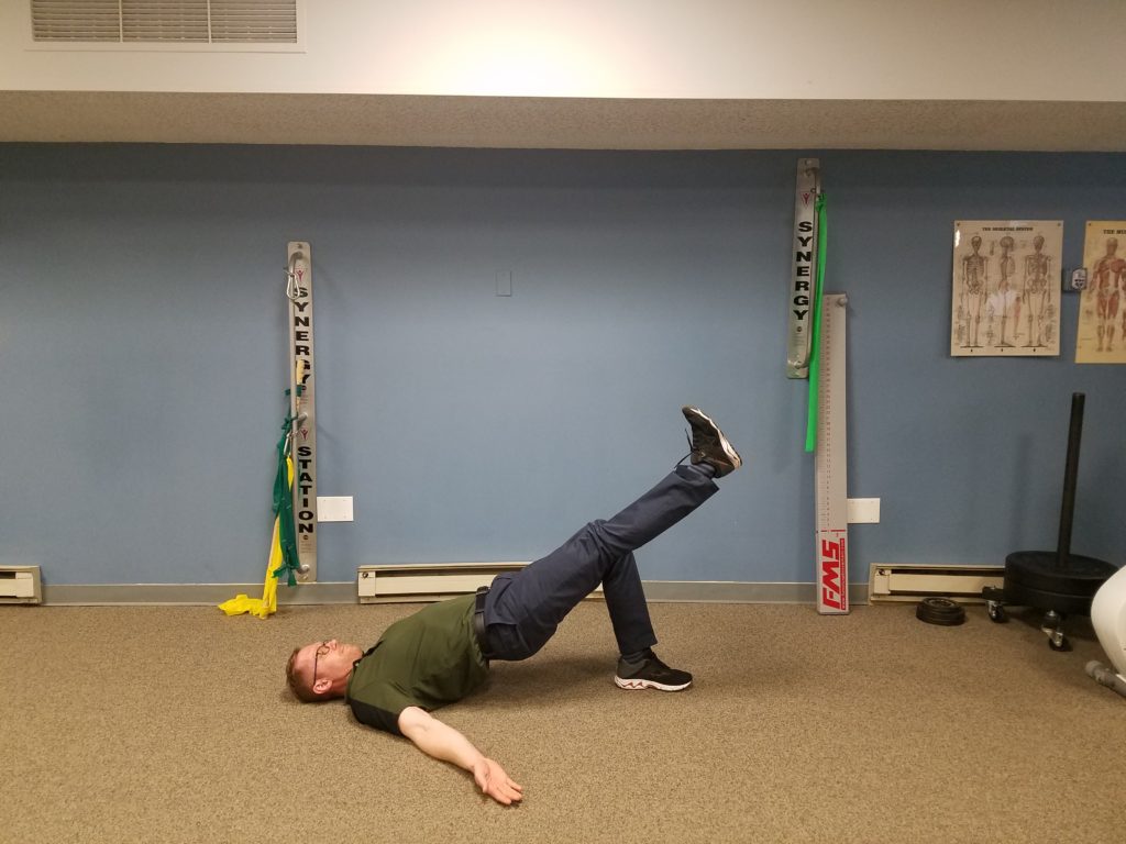 Single-Leg Bridge: This can be performed in the same way as a bridge. Or, this can be performed in a march pattern while holding your hips up. Perform 2 sets marching, 10 reps each side.