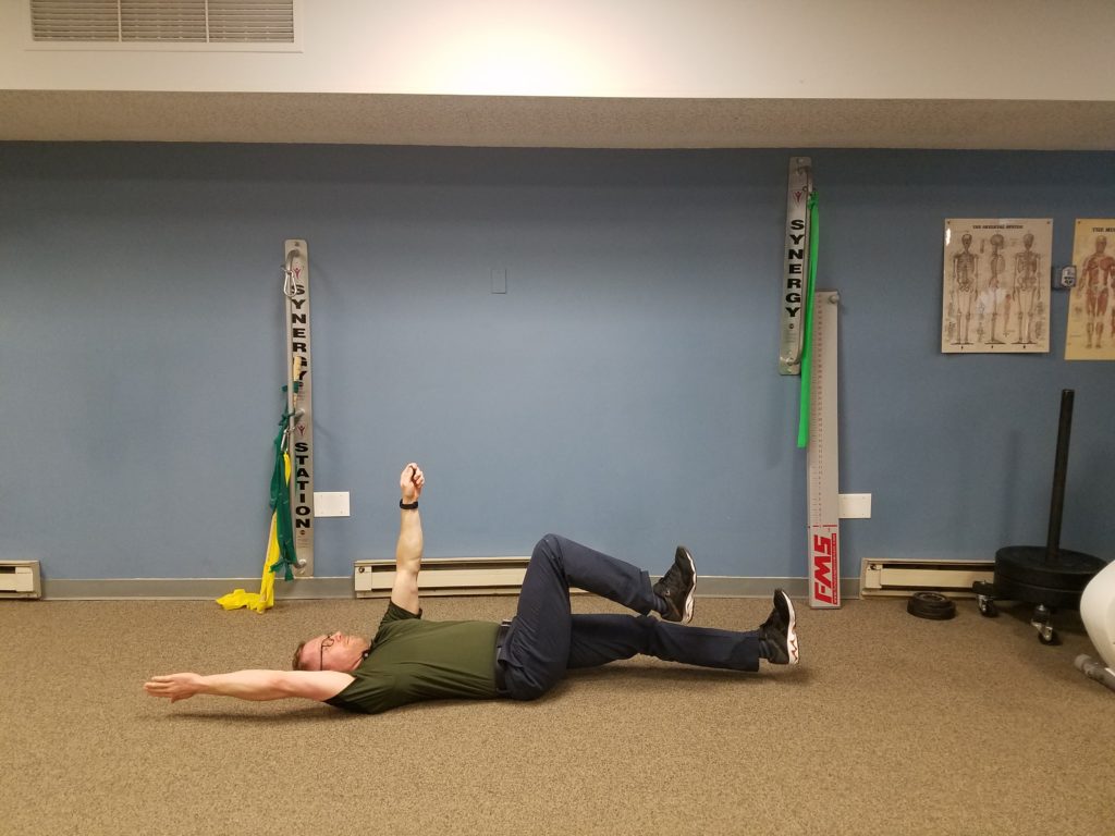 Dead-Bug: Lie on your back with arms and feet in an "all fours" position. Lower the opposite arm and leg, not allowing your low back to ache. Perform 2 sets, 10 reps, 3 sec hold. 