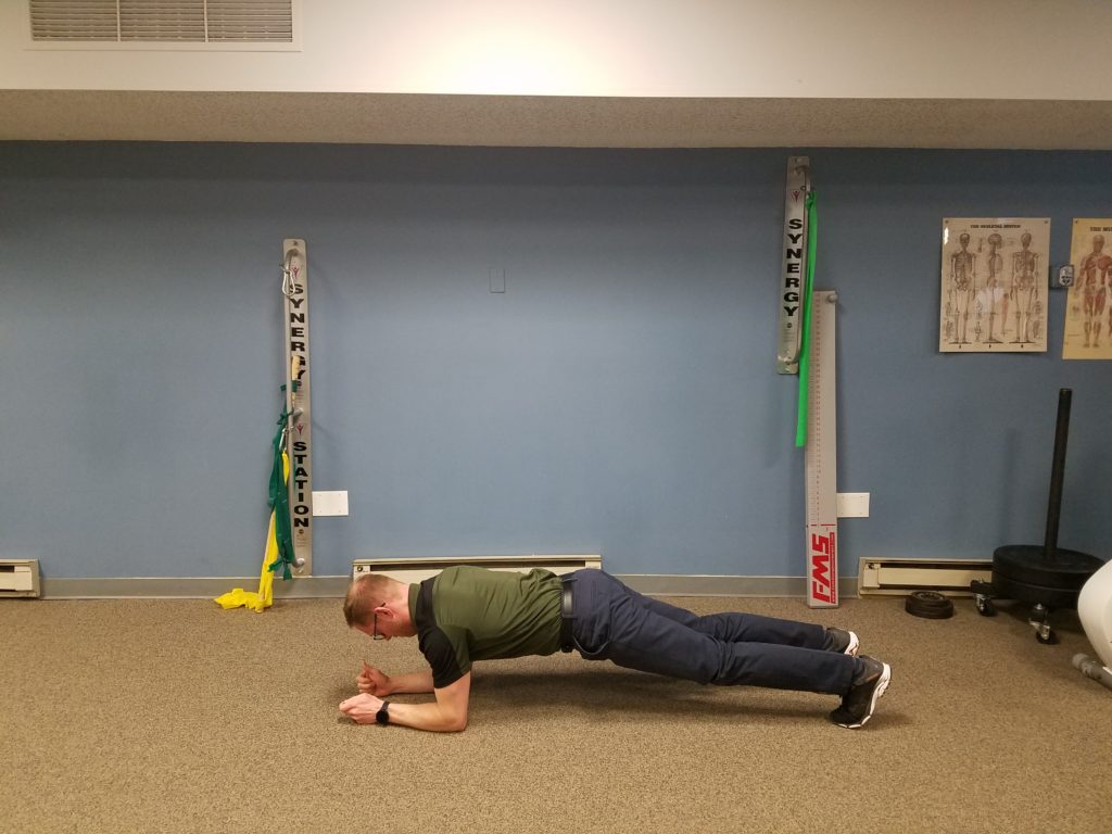 Plank: Begin lying belly down with your weight supported on your elbows and toes. You can modify by being on your knees. Perform 2 sets, 15sec - 2min hold.
