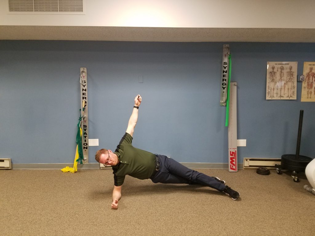  Side Plank: Begin lying on either side with your weight supported on your elbows and feet. Top leg should be in front of bottom foot. You  can modify by being on your knees. Perform 2 sets, 15sec - 2min hold. 