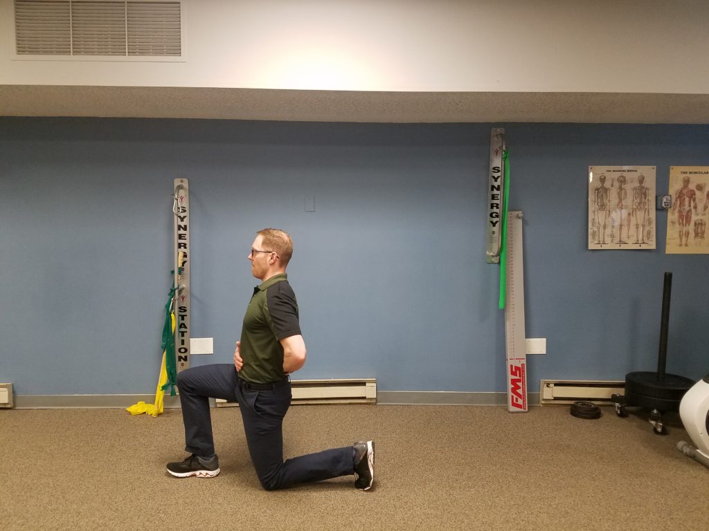 Lunge: This can be performed 2 ways. First from the tall kneeling position, stepping forard immediately after a backward lean. Or Standing with your feet shoulder width apart and stepping forward allowing the back leg to bend. Perform 2 sets 5-10 reps each side.