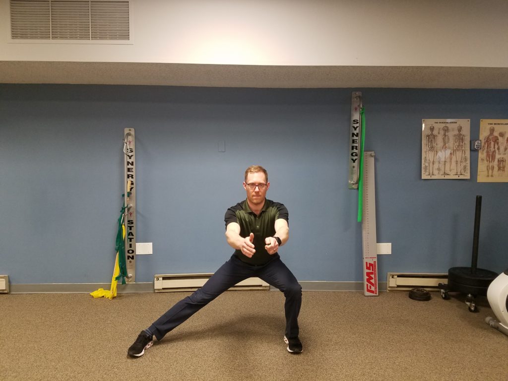  Side Lunge: In a standing position with your feet wide, hip hinge and shift your body weight to one side. Move your hips backward as you bend the knee on the side you are shifting towards, keep the opposite leg straight. Weight should be in your heels, knees behind  your toes, and your chest facing forward. You may have poor depth, and that's okay! Perform 2 sets 10-16 reps. 